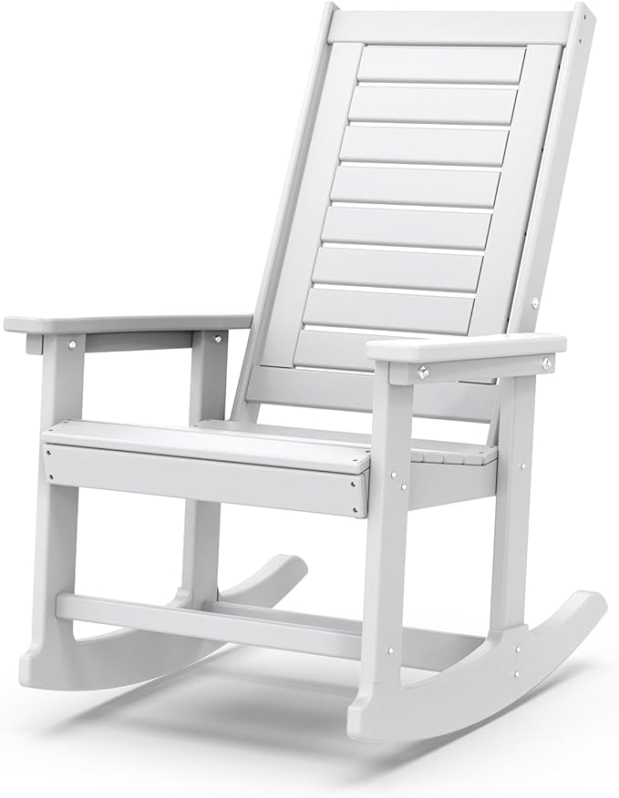 IVY&LANE Rocking-Chair-Outdoor | Porch-Rocker | White | HDPE Plastic | All-Weather | High Back | Wide Seat | Oversized Patio Rocker for Adult | for Outside Deck Balcony Garden