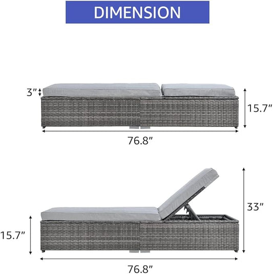Patiorama Outdoor Patio Chaise Lounge Chair, Elegant Reclining Adjustable Pool Rattan Chaise Lounge Chair with Light Grey Cushion, Grey PE Wicker, Steel Frame, Set of 2