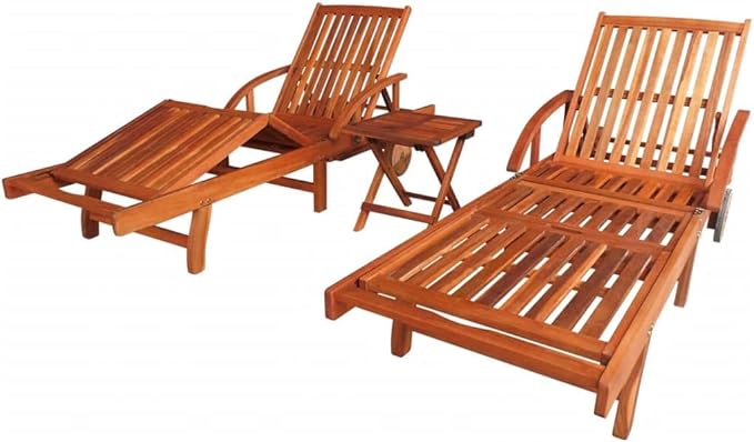 Brown Acacia Wood Outdoor Sun Lounger Set of 2 with Rolling Wheels, 5-Position Reclining Chaise - Photo 1