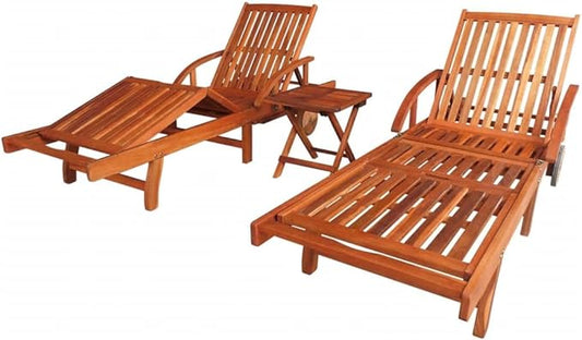 Brown Acacia Wood Outdoor Sun Lounger Set of 2 with Rolling Wheels, 5-Position Reclining Chaise, 26.8 x 78.7 x 32.7 in Folding Side Table Included for Poolside Patio Backyard