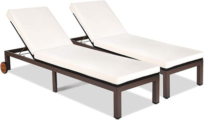 Tangkula 2PS Patio Chaise Lounge Chair, Outdoor Rattan Lounger Recliner Chair W/Wheels, Wicker Chaise Chair W/Cushioned Seating, Recliner 5-Position Adjustable for Garden, Patio, Poolside (2, Beige)