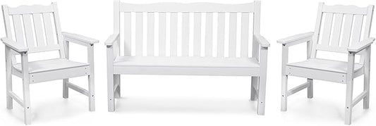 Stoog 3-Piece All-Weather Outdoor Bench & Chairs Set, Include 2 Garden Chairs and 1 Garden Bench, for Porch, Backyard, Lawn, Pool and Deck, White
