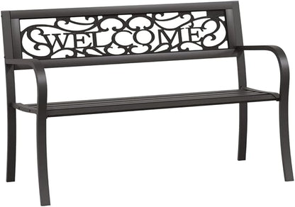 Patio Bench 49.2 Inch Outdoor Garden Steel Black Weather-Resistant Furniture with Plastic Backrest, Heavy Duty Metal Bench for Patio, Yard, Deck