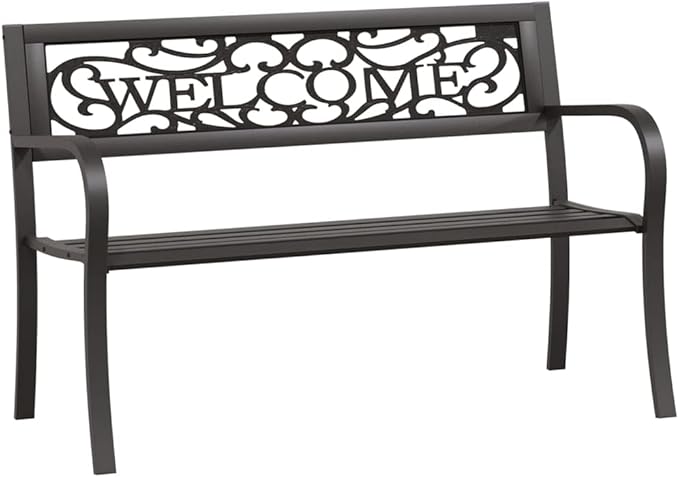 Black Powder-Coated Steel Garden Bench with Plastic Seat, Vintage Outdoor Seating for Patio and Balcony, Durable and Weather-Resistant Furniture