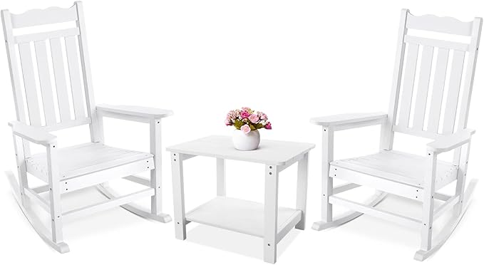 Stoog All-Weather Patio Rocking Chairs Set of 2 with Table, 3 Piece Front Porch Rocker Set, 400Lbs Support Porch Rocker for Backyard, Lawn, Patio, Garden and Indoor, White