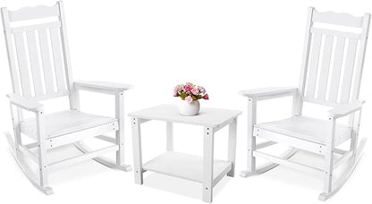 Stoog All-Weather Patio Rocking Chairs Set of 2 with Table, 3 Piece Front Porch Rocker Set, 400Lbs Support Porch Rocker for Backyard, Lawn, Patio, Garden and Indoor, White