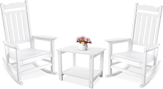 Stoog All-Weather Patio Rocking Chairs Set of 2 with Table, 3 Piece Front Porch Rocker Set, 400Lbs Support Porch Rocker for Backyard, Lawn, Patio, Garden and Indoor, White
