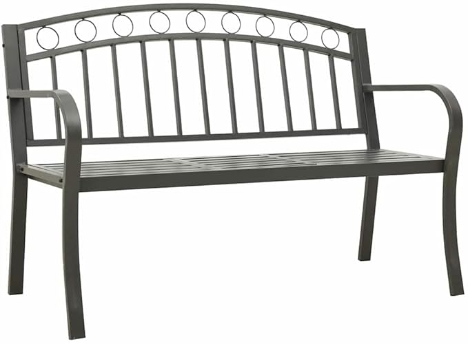 Grey Powder-Coated Steel Garden Bench with Table Medium Durable Outdoor Seating for Patio and Backyard Relaxation