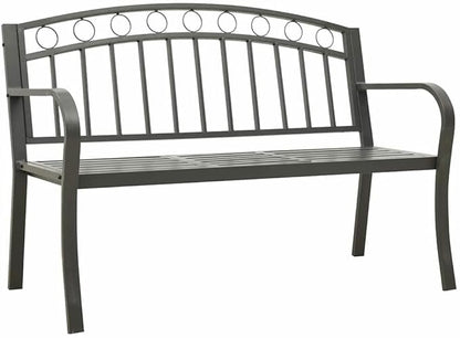 Grey Powder-Coated Steel Garden Bench with Table Medium Durable Outdoor Seating for Patio Relaxation and Socializing
