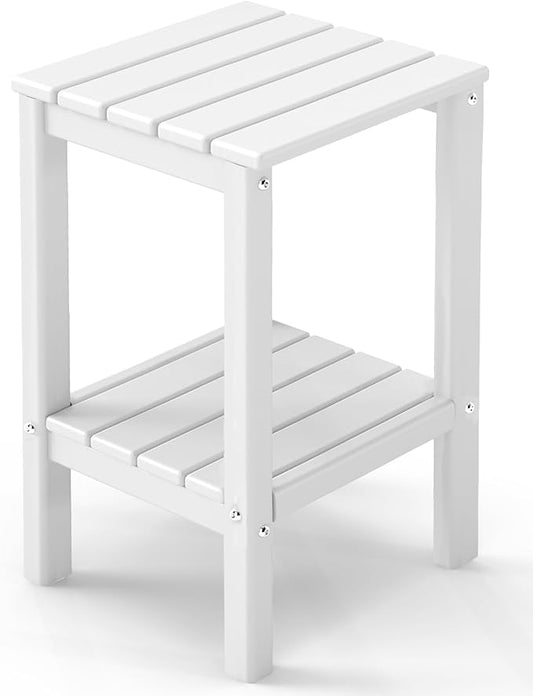 GREENVINES Tall-Outdoor-Side-Table | 23.5" | HDPE Plastic | Patio Adirondack End Tables | All Weather | 2-Tier | White | for Porch Garden Indoor & Rocking Chairs