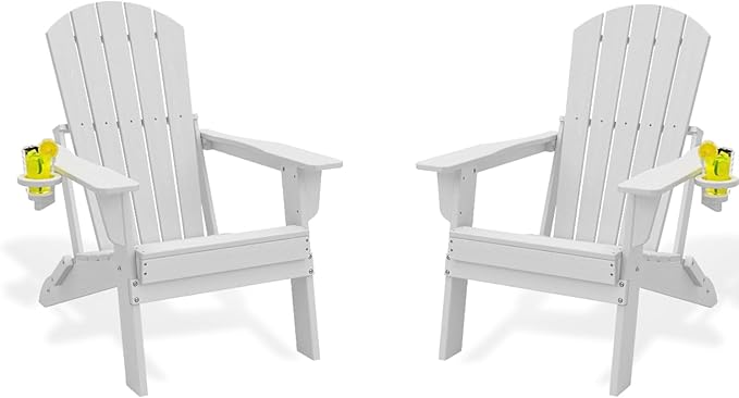 Folding Adirondack Chair Set of 2, HDPE Outdoor Patio Chair with Cup Holder, All Weather Plastic Lawn Chair with Wide Armrests, Portable Patio Chair for Backyard Deck Garden Fire Pit Poolside, White