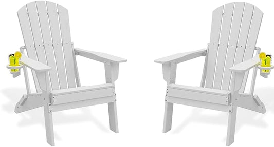 Folding Adirondack Chair Set of 2, HDPE Outdoor Patio Chair with Cup Holder, All Weather Plastic Lawn Chair with Wide Armrests, Portable Patio Chair for Backyard Deck Garden Fire Pit Poolside, White