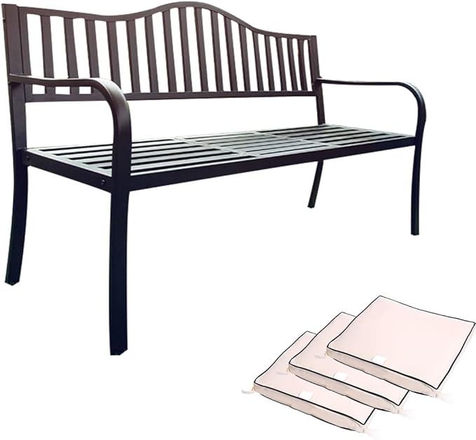 Metal Garden Bench, Patio Porch Furniture, All-Weather Outdoor Bench, Outdoor Benches with Foldable Small Table Plate(Black)