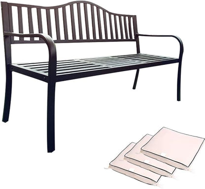 Metal Garden Bench, Patio Porch Furniture, All-Weather Outdoor Bench, Outdoor Benches with Foldable Small Table Plate(Black)