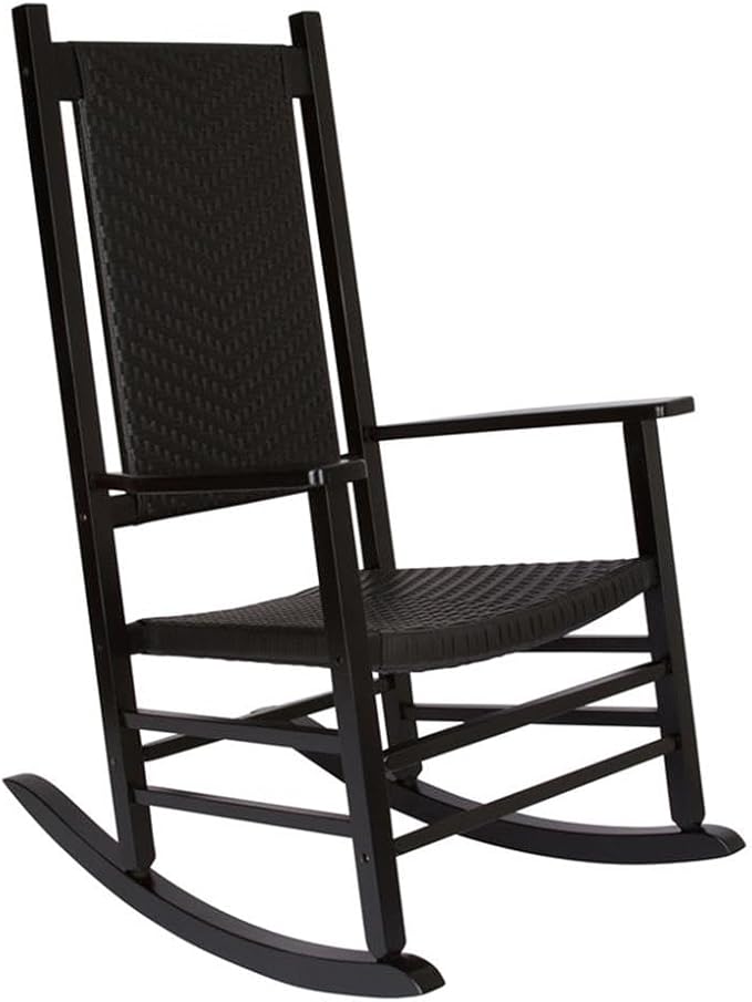 Pemberly Row Traditional Hardwood Patio Porch Rocker, Black Finish, 45.25" H x 27" W x 34" D, Durable Kiln-Dried Wood with Ergonomic Seat, High Back, Indoor/Outdoor Comfortable Seating