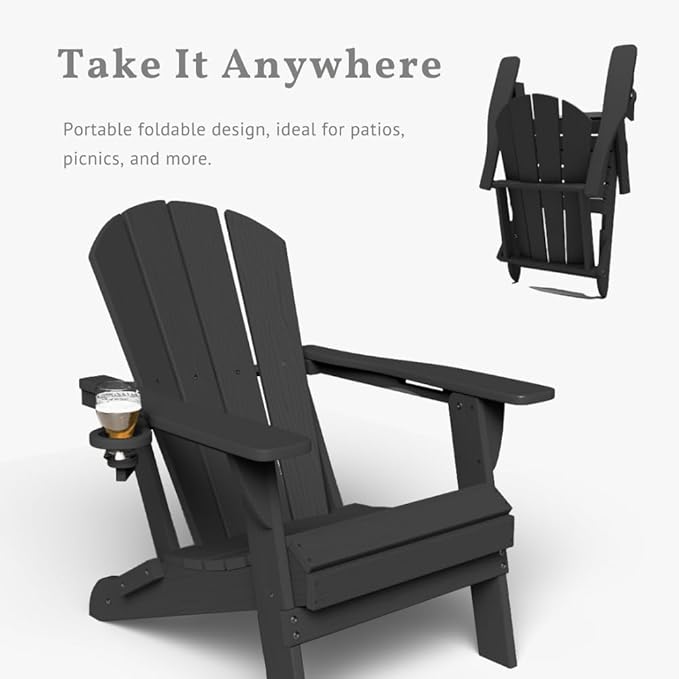 Folding Adirondack Chairs with Cup Holders, Set of 4 HDPE Plastic Outdoor Chairs, Weather Resistant, Real Wood Look - Photo 5
