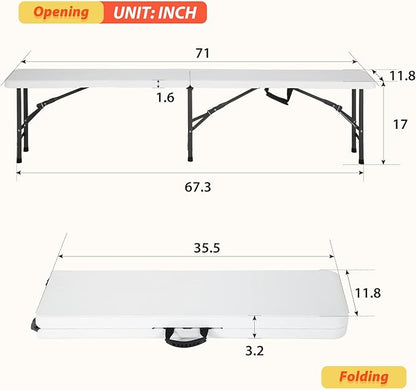 6FT Bench Chair Plastic Folding Bench Plastic Portable Outdoor Bench Garden Bench with Carrying Handle and Lock for Camping Picnic Party Dining 2 Pack White
