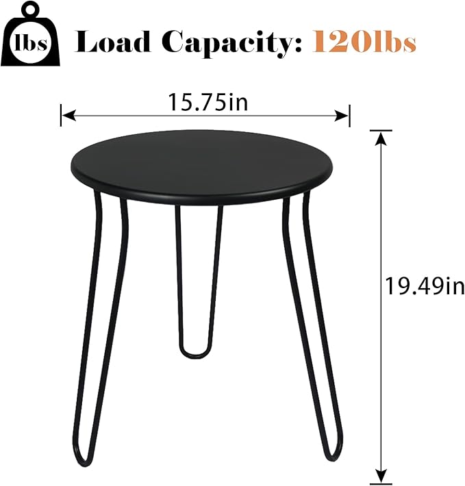 Small Patio Side Table, Weather Resistant Anti-Rust Outdoor Metal Patio Round End Table, Outdoor End Table for Garden, Porch, Balcony, Yard, (Black)