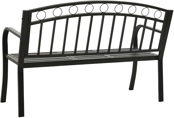 Modern Garden Bench with Table Black Powder-Coated Steel Medium Durable for Outdoor Patio and Balcony