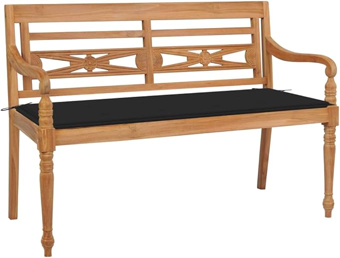 Batavia Bench with Black Cushion, Outdoor Bench, Wooden Bench with Backrest, Vintage Garden Wooden Bench for Patio, Garden, Yard, Lawn,Easy to Clean, 44.1" Solid Teak Wood