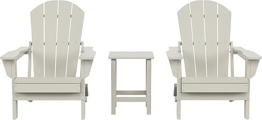 Costaelm 3 piece Patio Set, Outdoor Modern Adirondack Table and Chairs, All Weather Balcony Furniture Set Lounge Firepit Chairs for Outside Deck Garden Lawn Pool, Sand