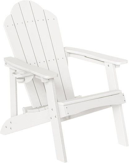 LUE BONA HDPE Adirondack Chair Set of 1 - Weather Resistant Outdoor Seating with Cup Holder for Porch, Poolside, Deck & Coastal Backyard, White