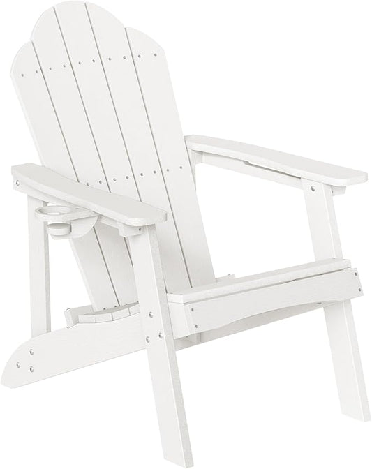 LUE BONA HDPE Adirondack Chair Set of 1 - Weather Resistant Outdoor Seating with Cup Holder for Porch, Poolside, Deck & Coastal Backyard, White