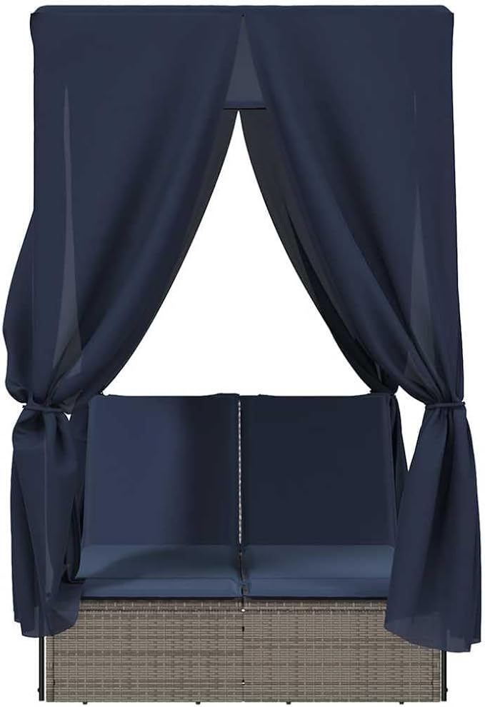 Double Chaise Lounge 78.7"x44.9"x77.2" Gray PE Rattan Adjustable Backrest UV Roof Curtains Navy Cushion Pool Garden - Photo 5