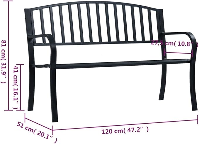 Garden Bench Black Powder-Coated Steel 47.2 in Long Durable Outdoor Seating for Patio Balcony with Spacious Backrest and Industrial Style