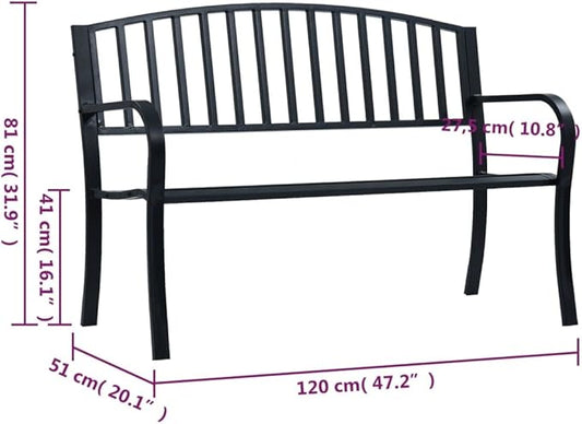 47.2" Outdoor Garden Bench Black Powder-Coated Steel Patio Seating for 2 Weather Resistant Front Porch or Balcony Furniture