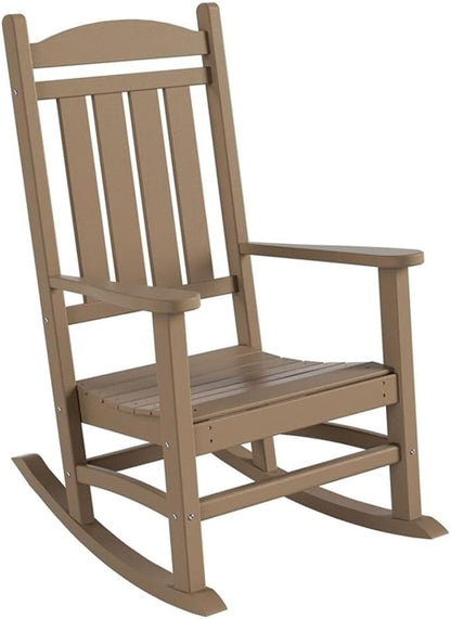 Costaelm Oversized Outdoor Rocking Chair, High Back Porch Rocker Chair, HDPE All Weather Resistant Outdoor Seating Furniture Wide Rocker Chair for Patio, Lawn, Garden, Weathered Wood