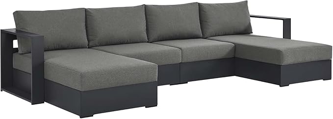 Modway Tahoe Aluminum 4-Piece Outdoor Patio Furniture Gray Charcoal, Modular Sectional Sofa Set with Chaise Lounges, Weather-Resistant Cushion, Ideal for Deck, Backyard, Poolside