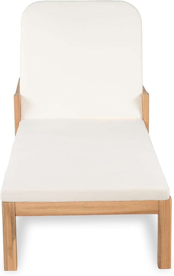 Christopher Knight Home Kayas Acacia Wood Chaise Lounge with Adjustable Backrest, 77.5" Outdoor Sun Lounger with Cushion, Patio Lounger Recliner Chair for Poolside Lawn, Light Teak+Cream, Set of 2