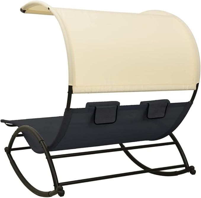 Large Double Sun Lounger Outdoor Chaise Lounge 71"x55"x67" Textilene Rocking Patio Pool Tanning Chair with Canopy & Two Pillows for Garden, Terrace and Poolside