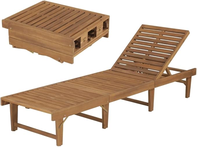 Folding Acacia Wood Sun Lounger Outdoor Chaise Lounge 78.7x24x33.9 in Adjustable Reclining Backrest Portable Patio Poolside Tanning Chair for Garden Balcony Terrace
