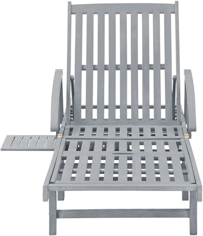 Solid Acacia Wood Gray Sunlounger 78.7x26.8x34 in with Adjustable Backrest & Wheels, Modern Outdoor Patio Chaise Lounge for Poolside Garden Terrace Balcony