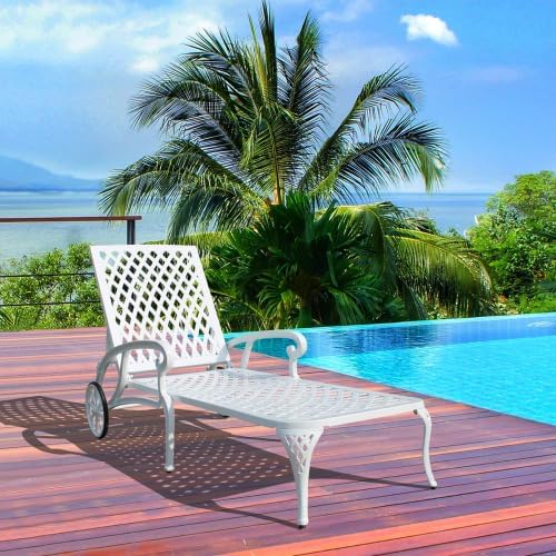 Chaise Outdoor Aluminum Lounge Chair with Wheels, 3-Position Adjustable Recliner Furniture Set for Poolside, Backyard and Patio (1pc, White)