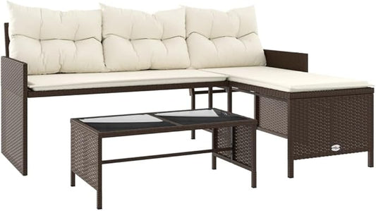 vidaXL L-Shaped Patio Sofa with Cushions and Coffee Table - Brown Poly Rattan Outdoor Lounge Set with Washable Covers for Garden, Terrace, Deck