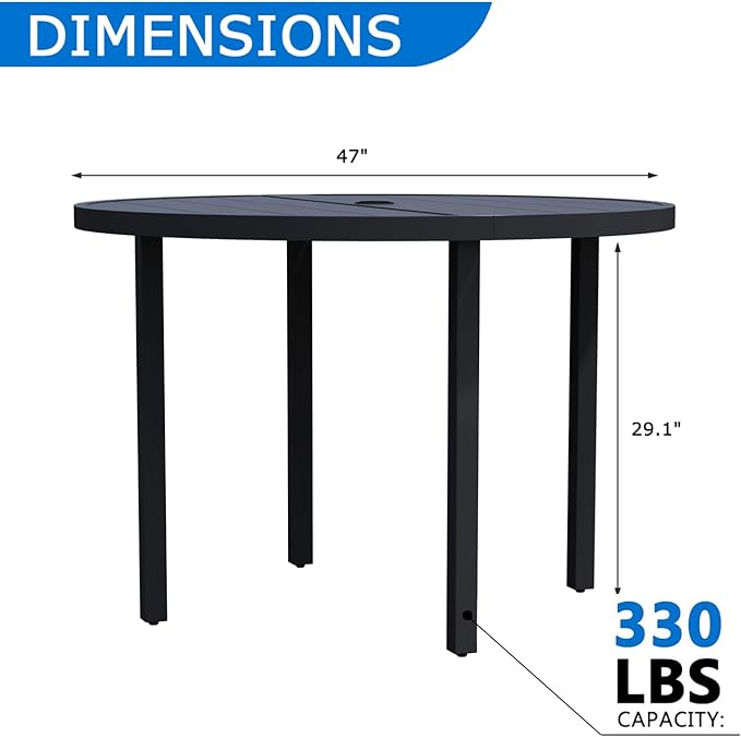 All-Weather 47" Round Outdoor Patio Table for 6, Metal Black Dining Table with Adjustable Umbrella Hole, Garden, Backyard & Deck Bistro Table