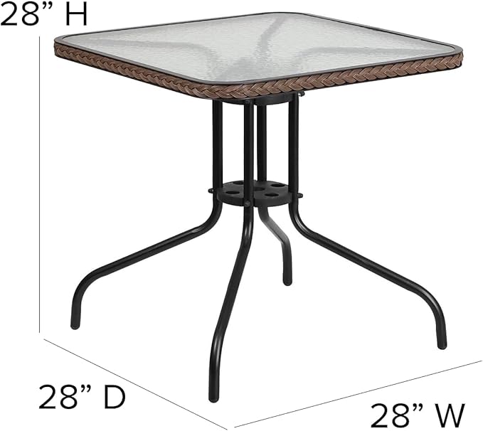 Flash Furniture Barker 28'' Square Tempered Glass Metal Table with Dark Brown Rattan Edging - Photo 3