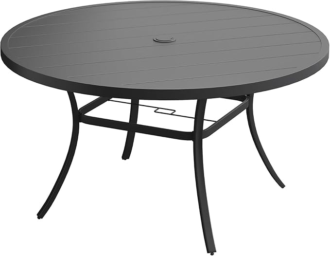 VICLLAX 50" Outdoor Round Patio Dining Table for 4-6, All Weather Metal Dining Table with Umbrella Hole for Deck Lawn Garden Backyard, Black