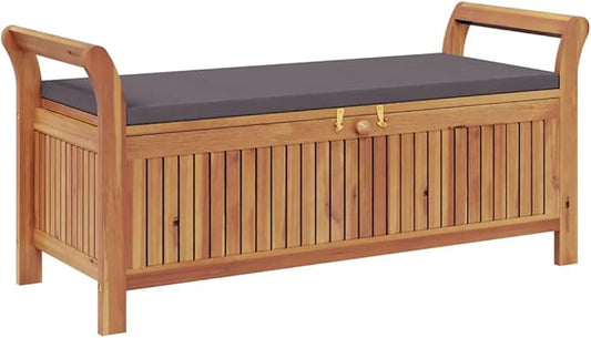 Garden Storage Bench Wood with Dark Grey Cushion, Solid Acacia Wood Outdoor Furniture with Removable Seat for Patio, Durable Weather-Resistant Storage Solution for Gardens