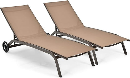 Giantex Patio Lounge Chairs for Pool Area, Outdoor Chaise Lounger with 6 Adjustable Position Smooth Wheels and Quick-Drying Fabric, Lawn Recliner for Backyard, Garden Sunbathing Chair (2, Brown)