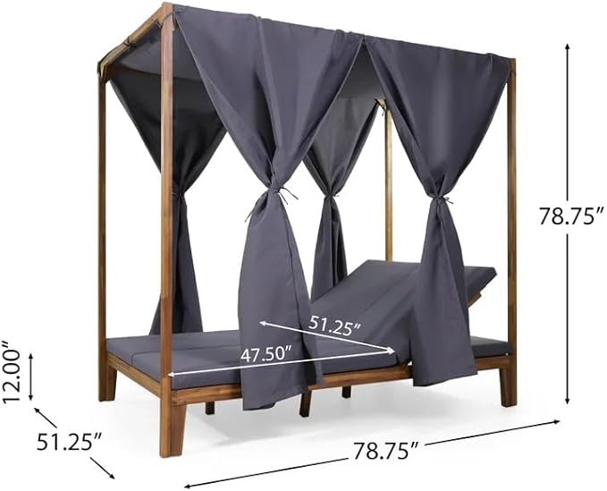 Christopher Knight Home Kenzie Acacia Wood Outdoor Daybed with Canopy, Double Chaise Lounge Chair Outdoor with Cushion - Photo 2