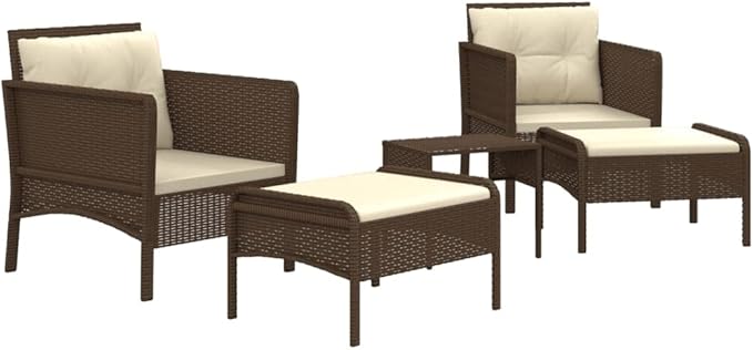 vidaXL Patio Lounge Set with Cushions - Brown Poly Rattan Garden Furniture, Metal Frame, White Cushion - Photo 6