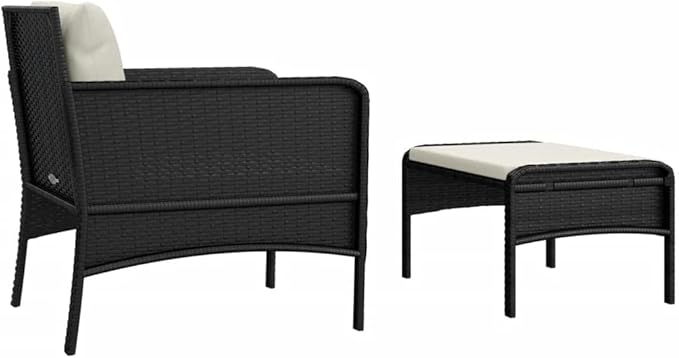 2-Piece Patio Lounge Set with Cushions Black Poly Rattan Metal Frame Outdoor Furniture for Balcony Porch Garden Backyard - Photo 5