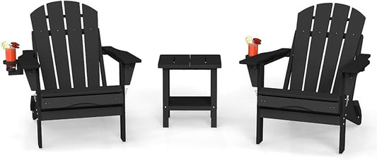 Adirondack Chair with Table Set,HDPE Plastic All Weather Fire Pit Chair with Cup Holder,3-Piece (Black, 2 Chair &1 Table)