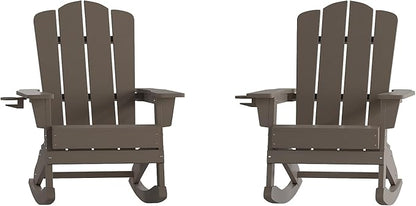 Flash Furniture Newport Adirondack Rocking Chairs with Cup Holder, Weather Resistant Poly Resin Adirondack Rocking Chairs, Set of 2, Brown