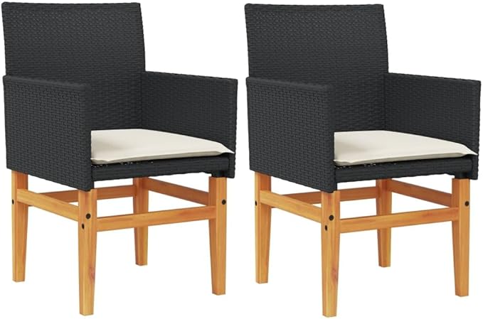 Patio Chairs with Cushions 2 pcs Black Poly Rattan&Solid Wood Sillas para Patio Lawn Chairs for Dining Table Garden - Photo 3