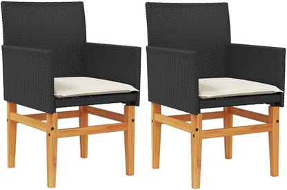 Patio Chairs with Cushions 2 pcs Black Poly Rattan&Solid Wood Sillas para Patio Lawn Chairs for Dining Table Garden Chair for Picnic Study Courtyard Living Room